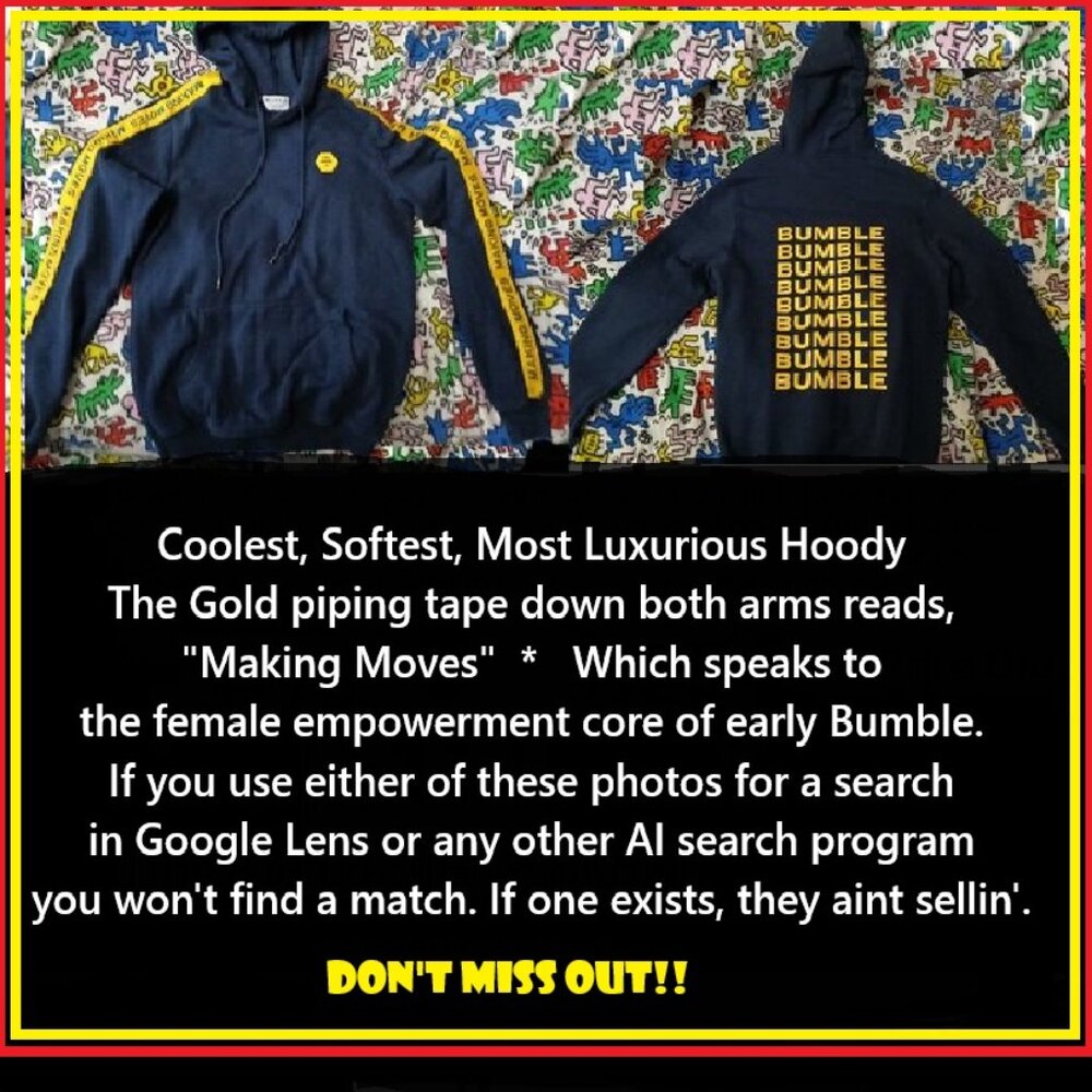 Extremely Rare Bumble App luxurious Hoodie Navy w/Gold Letters/Taping Mens Small